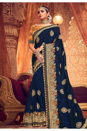 Navy blue satin festival wear saree  1903